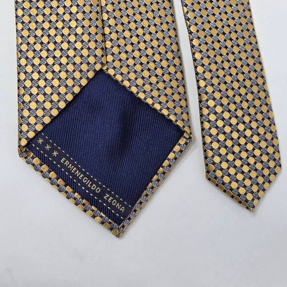 ERMENEGILDO ZEGNA SILK TIE GOLD NAVY WHITE POLKA DOT SATIN 3.5" X 59" ITALY - Picture 3 of 3